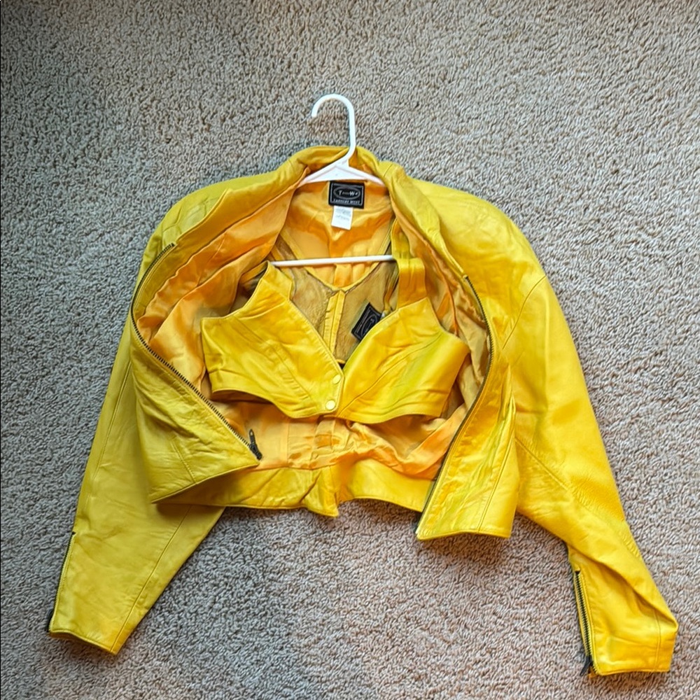 Cache Yellow Leather Jacket Cropped Style